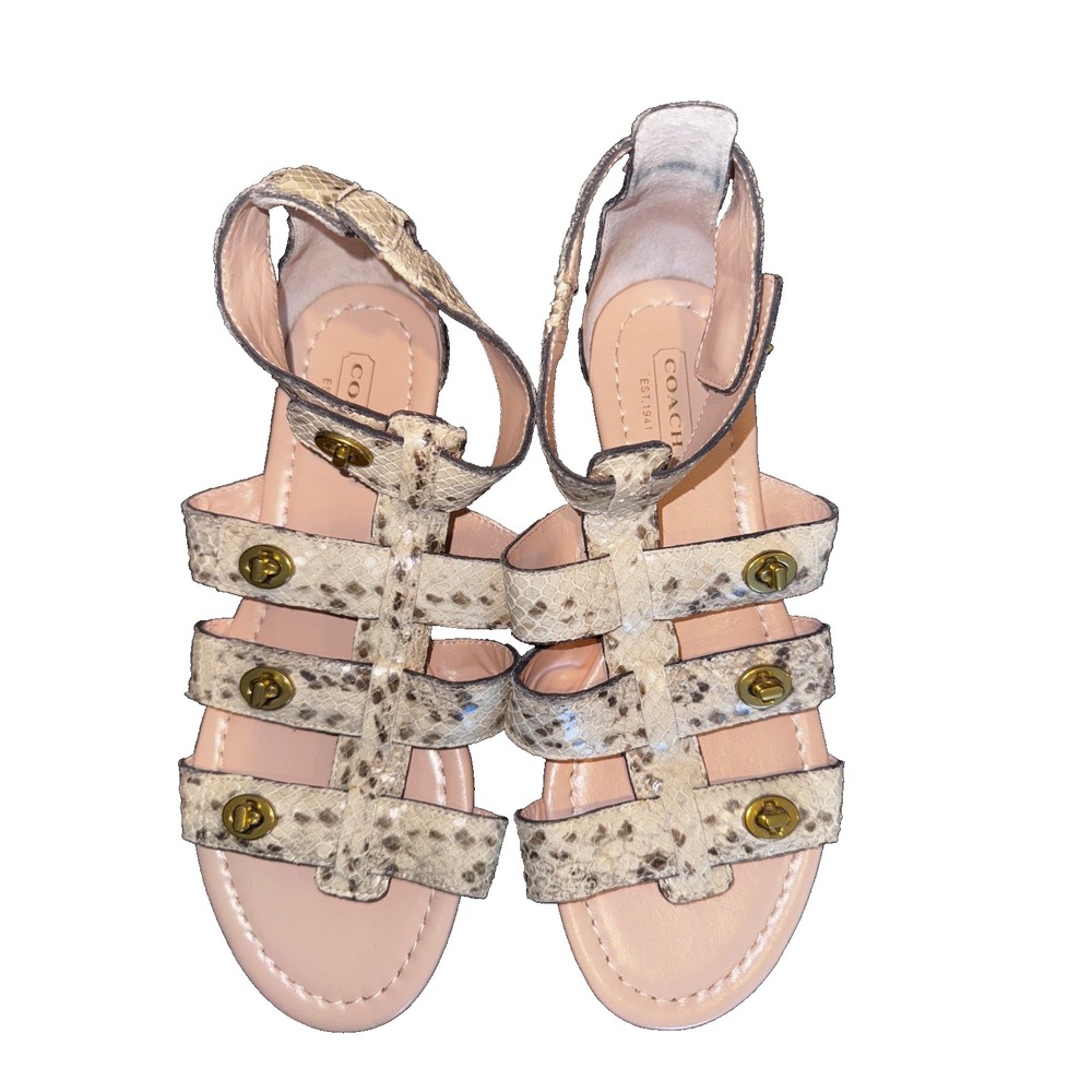 COACH Oleta Gladiator Sz 6B Turn-lock Ankle Sandal Flats Snakeskin Leather retro